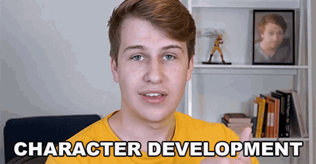 a young man in a yellow shirt is giving a thumbs up with the words character development written below him