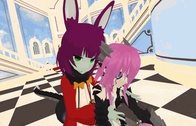 a couple of anime characters standing next to each other on a checkerboard floor