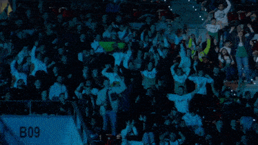 a crowd of people sitting in a stadium with a sign that says b09 on it