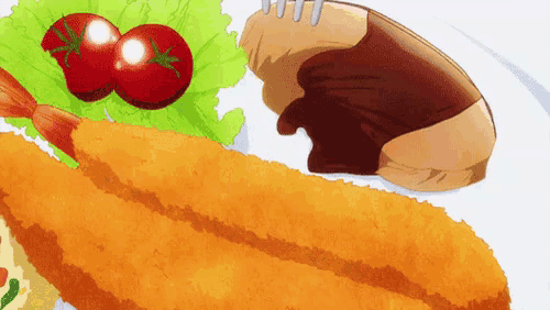a close up of a plate of food with a fork and tomatoes