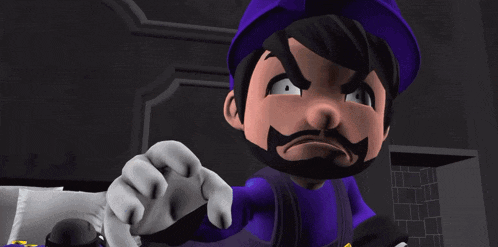 a cartoon character wearing a blue hat and white gloves is covering his mouth with his hands