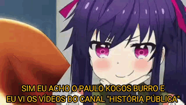 a cartoon girl with purple hair and pink eyes is smiling and looking at the camera .
