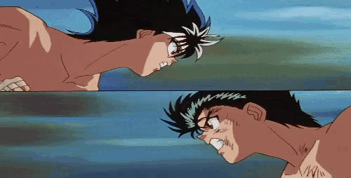 two anime characters are facing each other and one has a tattoo on his arm