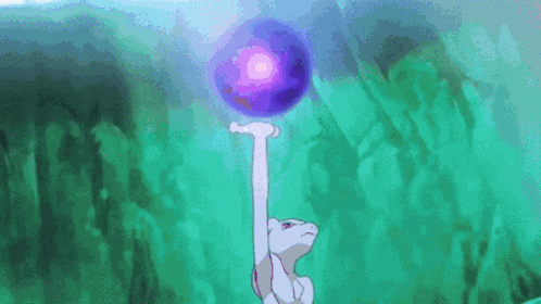 a cartoon character is holding a purple sphere in his hand .