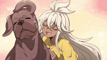 a girl with long white hair is petting a cartoon dog