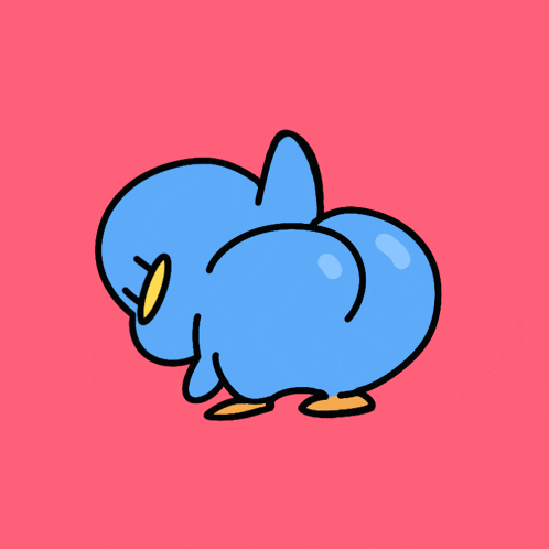 a drawing of a blue penguin with a yellow beak on a pink background
