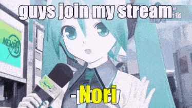 a cartoon girl is holding a microphone and says guys join my stream