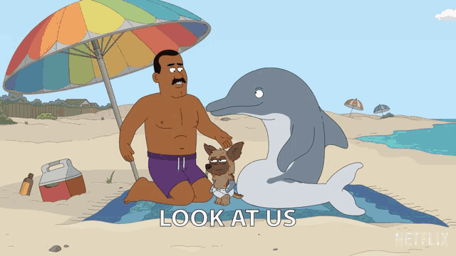 a cartoon of a man kneeling on a beach with a dolphin float