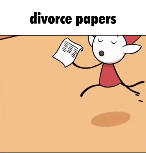 a cartoon character is holding a piece of paper with the words divorce papers written on it