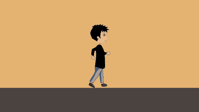a cartoon drawing of a boy running on a yellow background