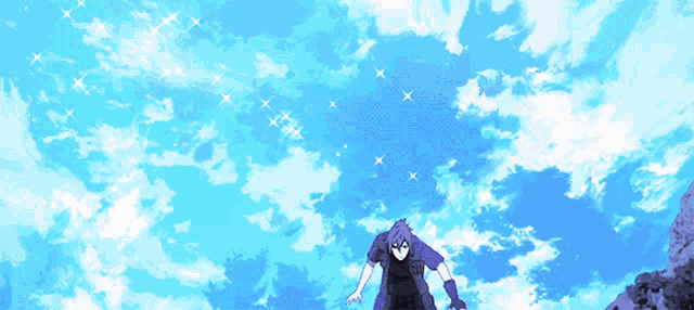 a cartoon of a man flying through a blue sky with stars