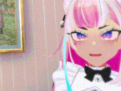 a girl with pink hair and blue eyes is wearing a bow tie and a white dress .