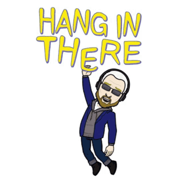 a cartoon man wearing headphones and sunglasses holds up the word there