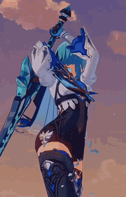 a cartoon character is holding a sword in her hand .