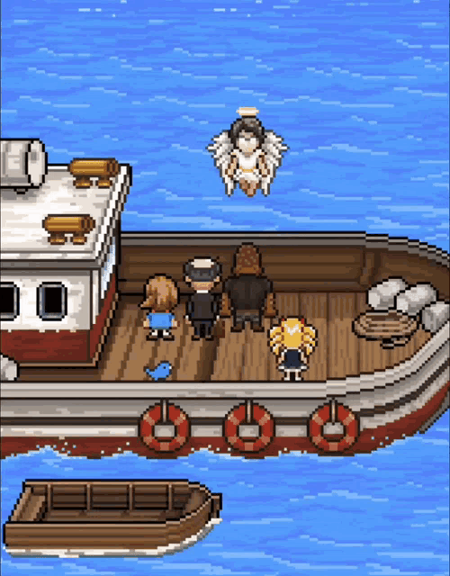 a pixel art of people on a boat with an angel flying over them
