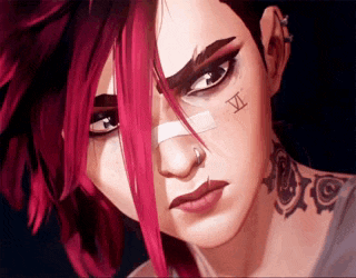 a close up of a person 's face with pink hair and a tattoo on their neck .