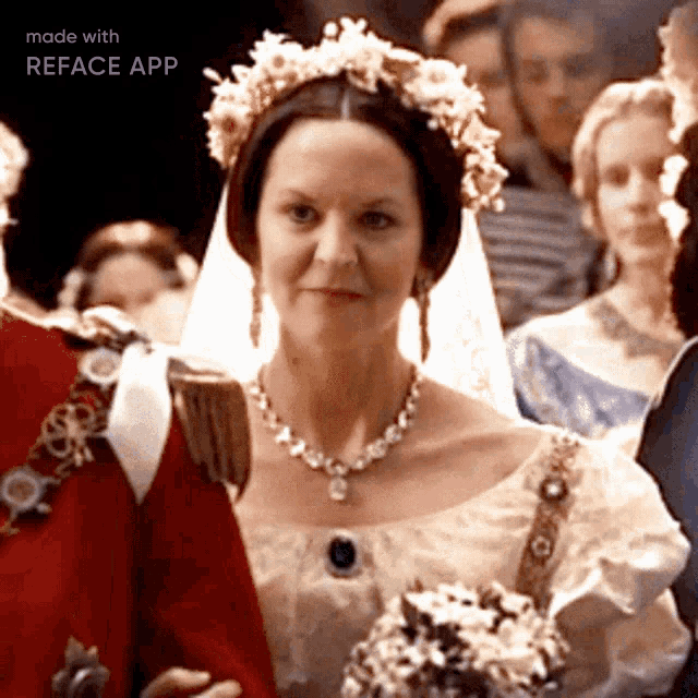 a woman in a wedding dress with a flower crown on her head is made with reface app
