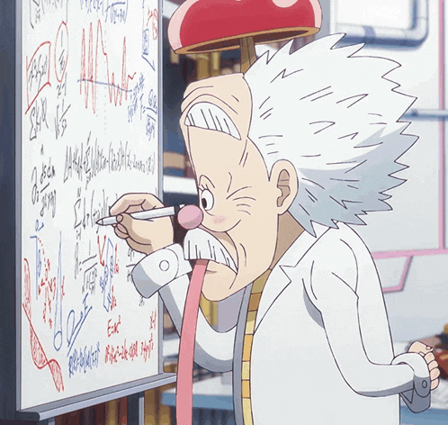 a cartoon drawing of a man writing on a white board with a pen