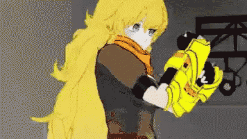 a pixel art of a girl with long yellow hair holding a yellow glove .