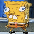 spongebob squarepants from spongebob squarepants is walking down the street with his tongue out .