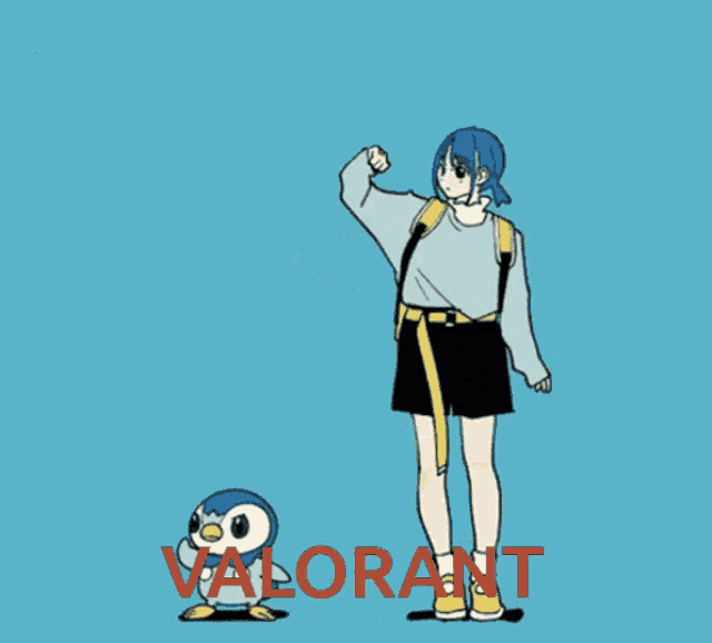 a cartoon of a girl standing next to a penguin with the words hop on valorant below her
