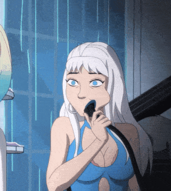 a woman with white hair and blue eyes is brushing her teeth with a toothbrush