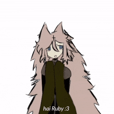 a drawing of a girl with the words hai ruby : 3 below her