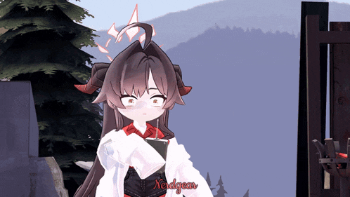 a girl with horns is standing in front of a fence and the name xandgoan is visible