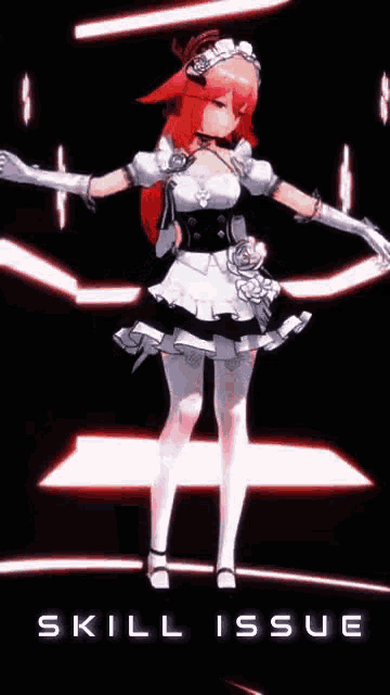 a red haired anime girl in a maid outfit is standing in front of the words skill issue