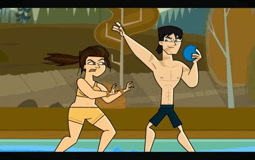 a man and a woman are playing with a ball in a cartoon