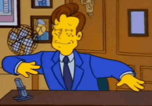 a yellow cartoon character in a blue suit and tie