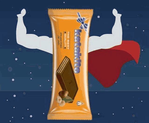 a superhero is standing next to a package of a chocolate bar with nuts on it .