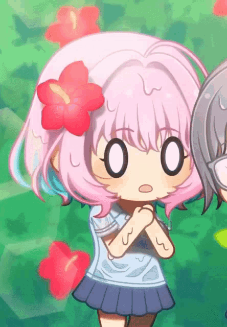 a girl with pink hair has a flower in her hair and has a circle on her face