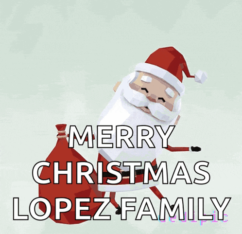a merry christmas lopez family greeting card with santa claus carrying a bag of presents