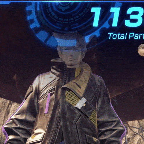 a man in a leather jacket is standing in front of a sign that says 113 total part
