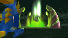 a blue and orange cartoon character is standing in front of a green object