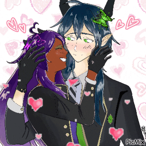 a drawing of a man and a woman with hearts surrounding them