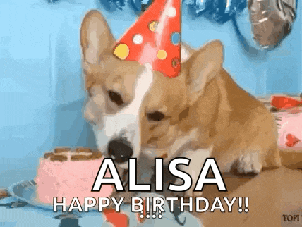 a corgi dog wearing a party hat is laying on a birthday cake .
