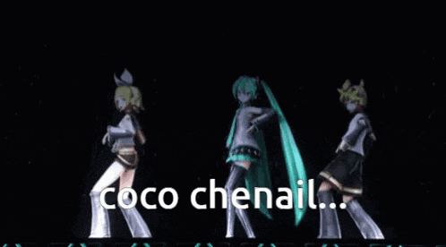 three anime characters are dancing with the words coco chenail written in white