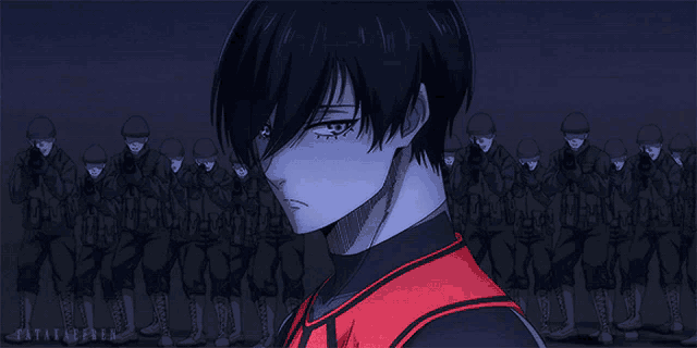 a man in a red vest stands in front of a group of soldiers in black uniforms