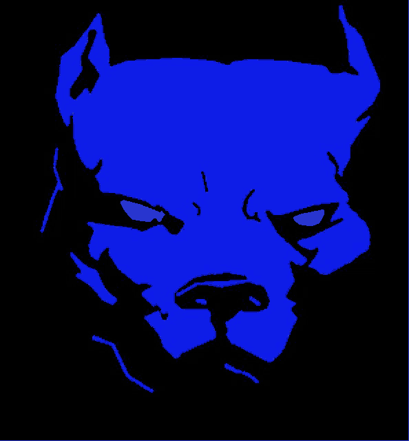 a blue and black drawing of a pitbull with white eyes