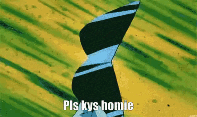 a cartoon character says pls kys homie