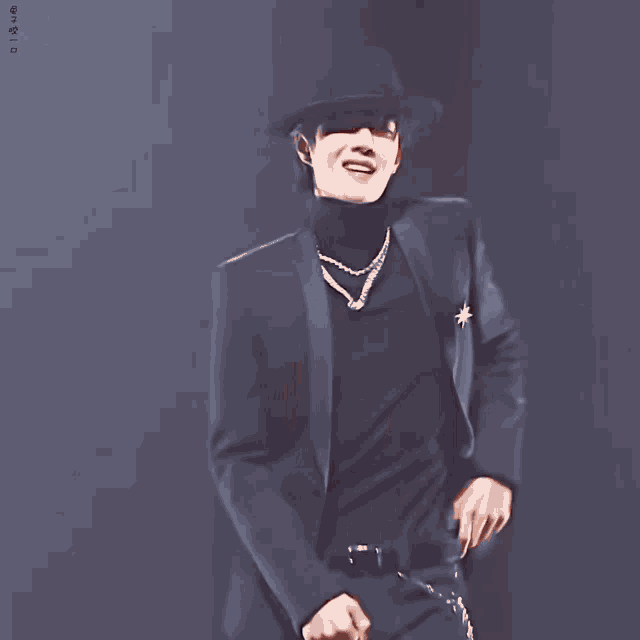 a man wearing a black hat and a black turtleneck sweater