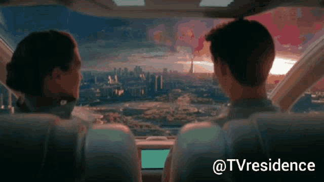 a man and a woman are sitting in a car looking out the window and the words @tvresidence are above them