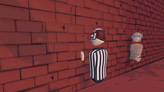 a cartoon character wearing headphones and a striped shirt is standing in front of a brick wall