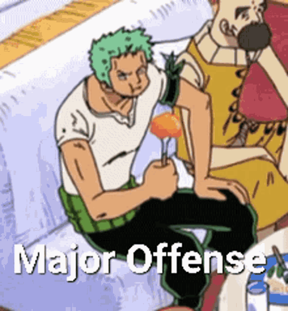 a cartoon of a man sitting on a couch with the words major offense written below him