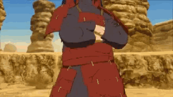 a man in a red armor stands in a desert