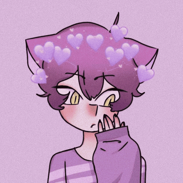 a drawing of a cat boy with purple hair and hearts on his head