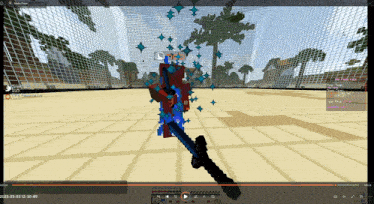 a screenshot of a video game shows a player with a blue sword