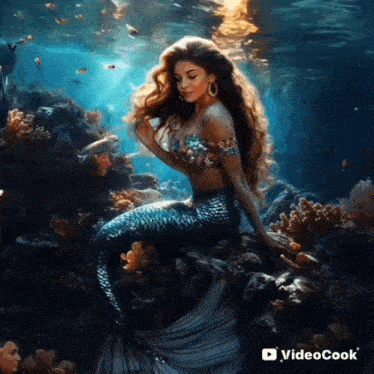 a mermaid is sitting on a rock in the ocean with a videocook logo in the corner